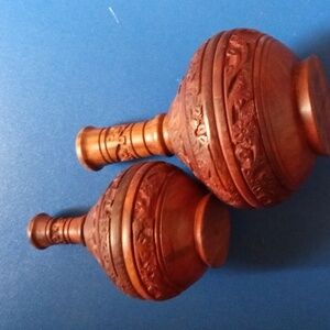 *Wooden Hand Carved Set of 2 Brown Flower Vases